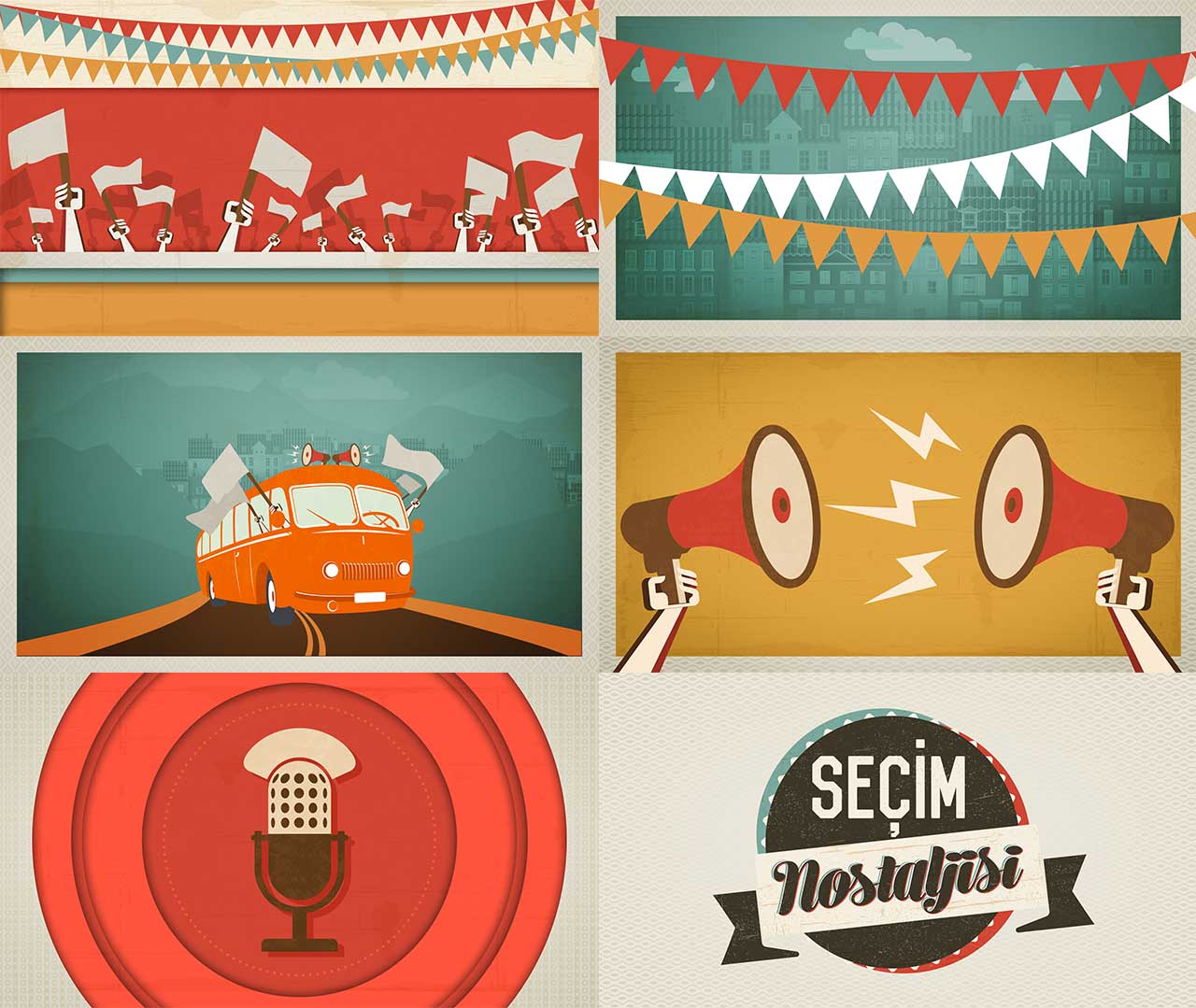 style frame design for election opening title, orange, yellow, green. beige color illustrations of microphone, bus, city, campaign and logo