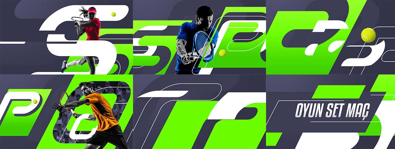 Image of tennis players on graphical green and blue background