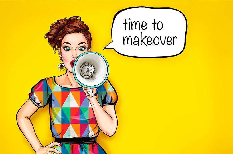 pop art style women seeking n megaphone. Time to makeover text written as a caption