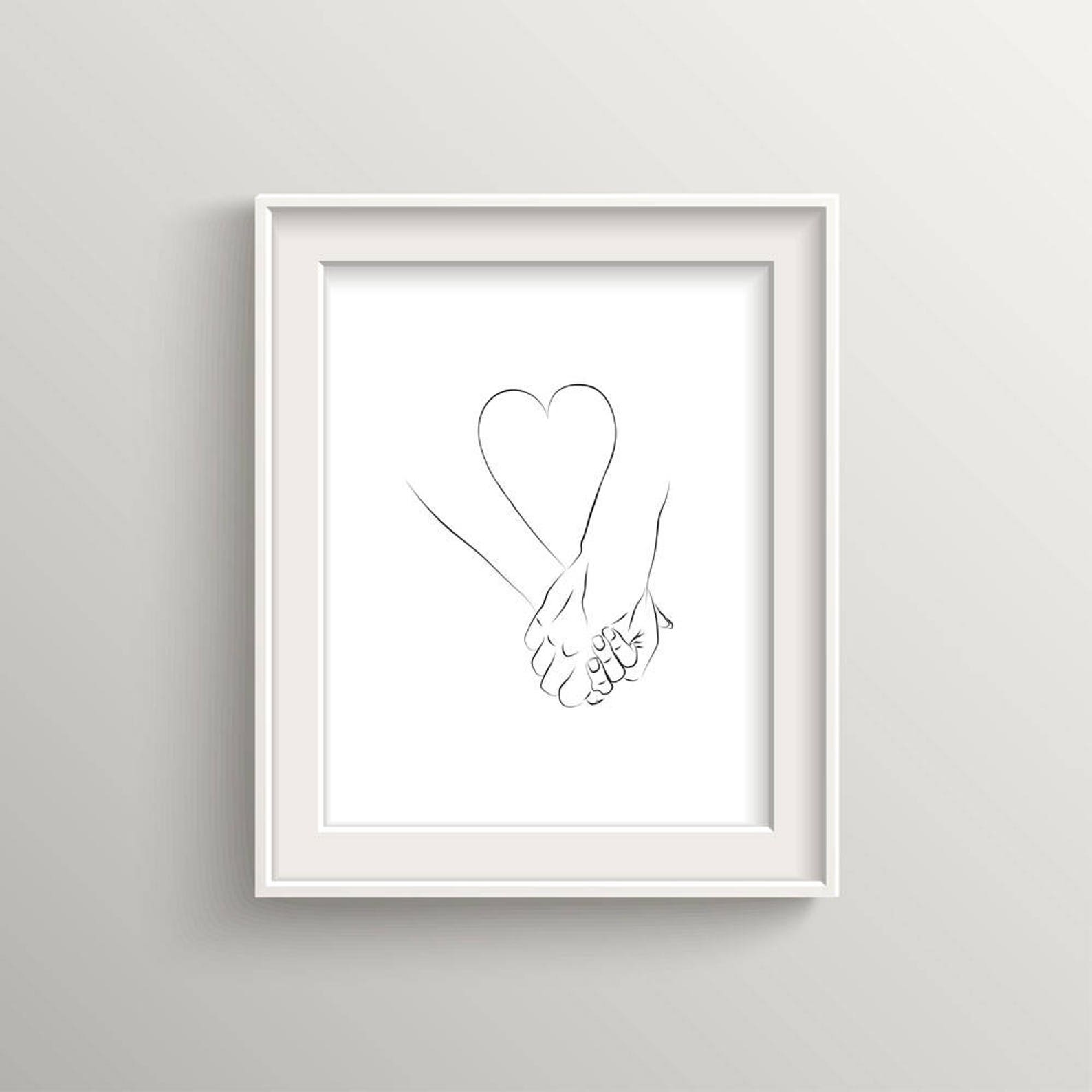 Couple Holding Hands and Heart Minimalist Line Art Black and